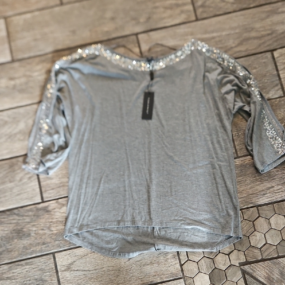 Cable & Gauge Silver Sequin Embellished Knit Top NEW